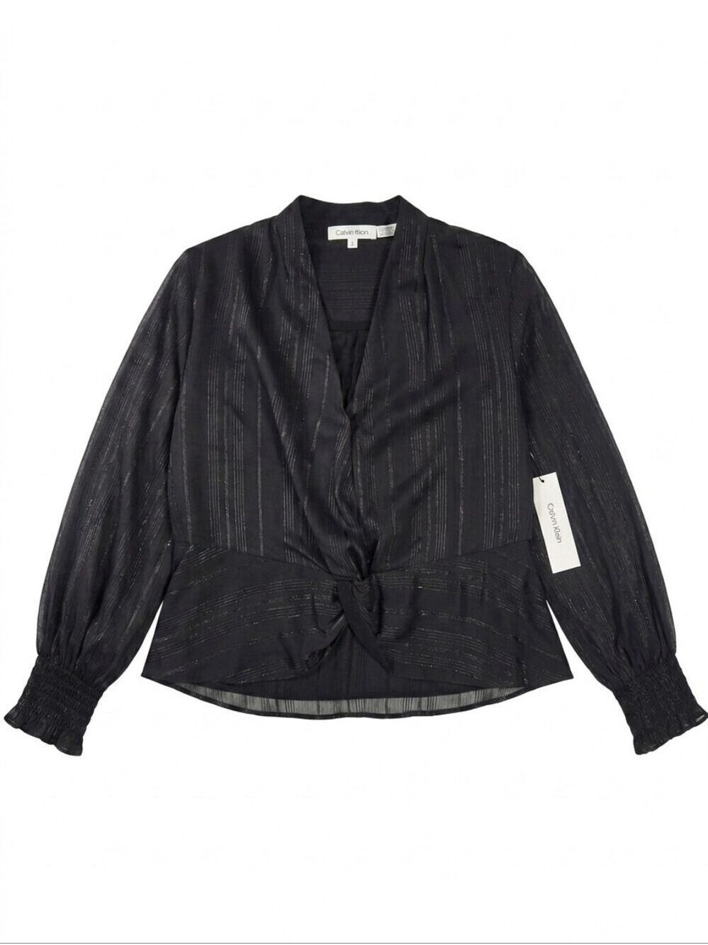 NWT Medium Calvin Klein Sheer Black Metallic Stripe V Neck Blouse Smocked Cuff